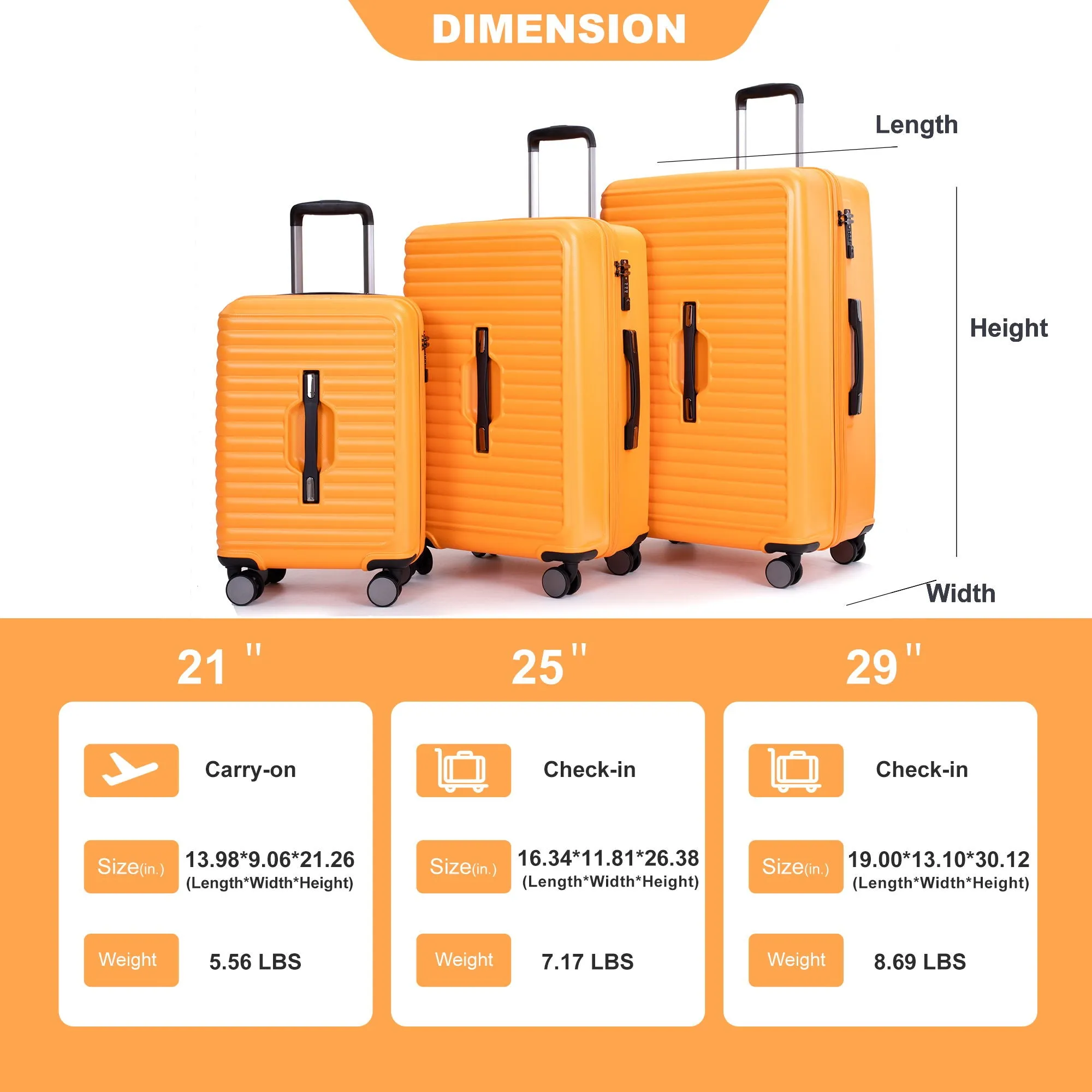 3 Piece Luggage Sets Lightweight Suitcase With Two Hooks, 360° Double Spinner Wheels, Tsa Lock, (21/25/29) Orange