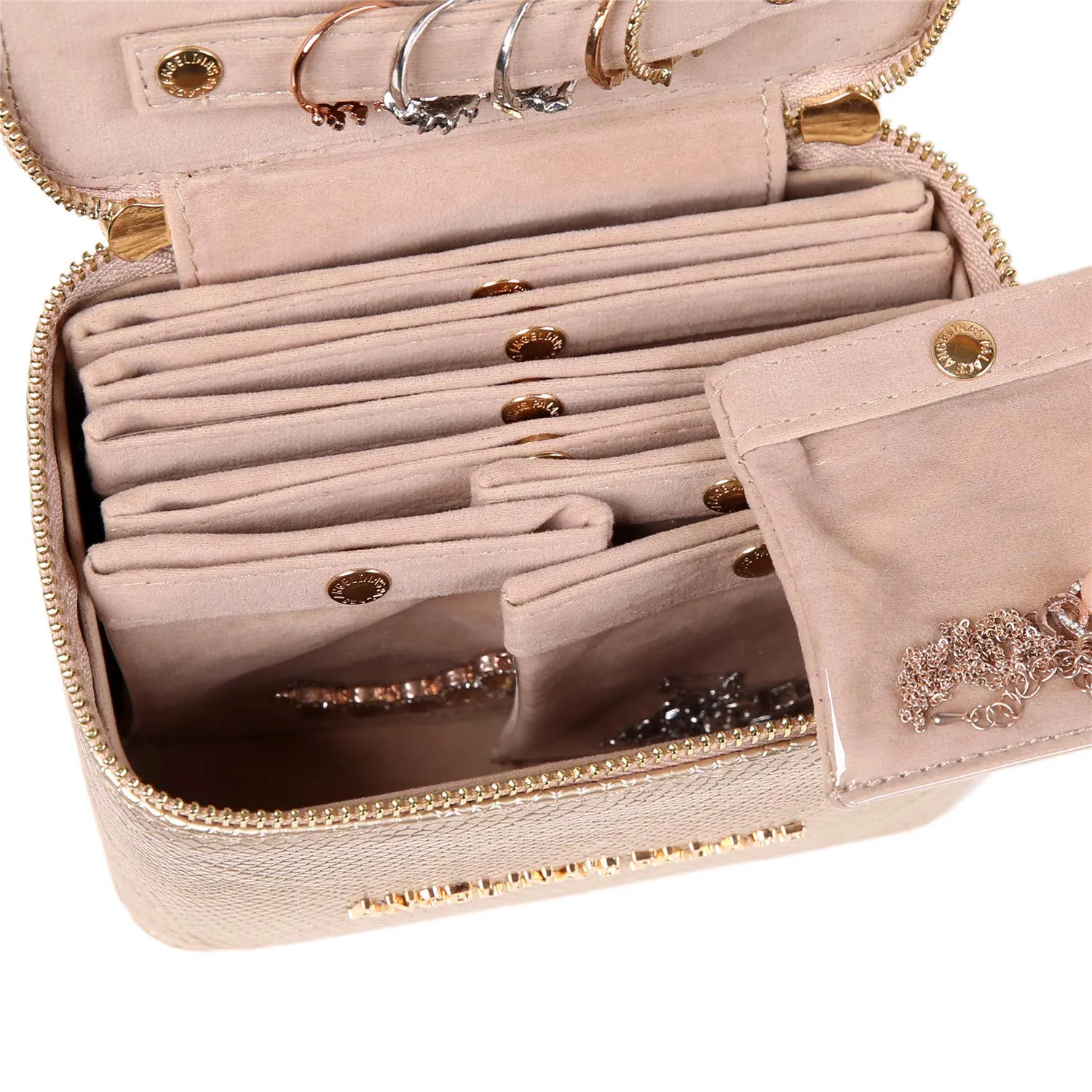 Angelina's Palace Snakeskin Pattern Jewelry Organizer Case Bridesmaid Gifts Travel Bag Vegan Leather Box for Necklace Earring Bracelet Ring(Champagne) Champagne
