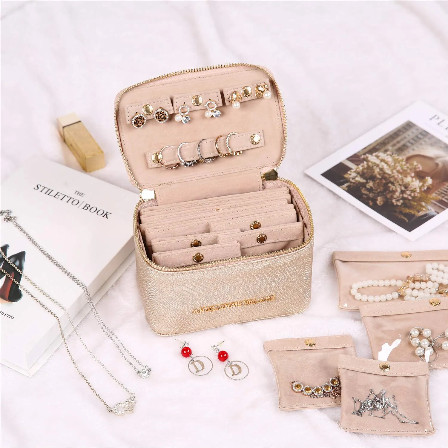 Angelina's Palace Snakeskin Pattern Jewelry Organizer Case Bridesmaid Gifts Travel Bag Vegan Leather Box for Necklace Earring Bracelet Ring(Champagne) Champagne