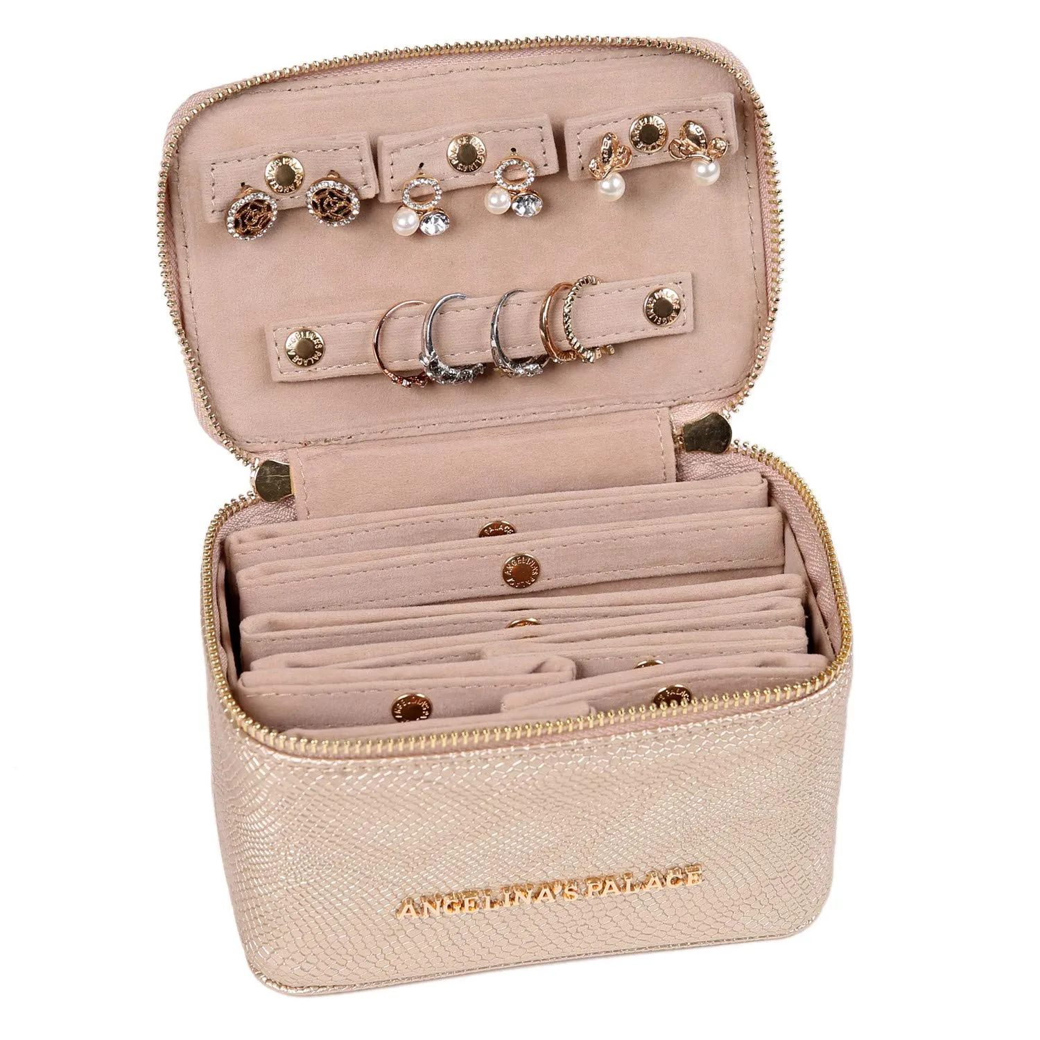Angelina's Palace Snakeskin Pattern Jewelry Organizer Case Bridesmaid Gifts Travel Bag Vegan Leather Box for Necklace Earring Bracelet Ring(Champagne) Champagne