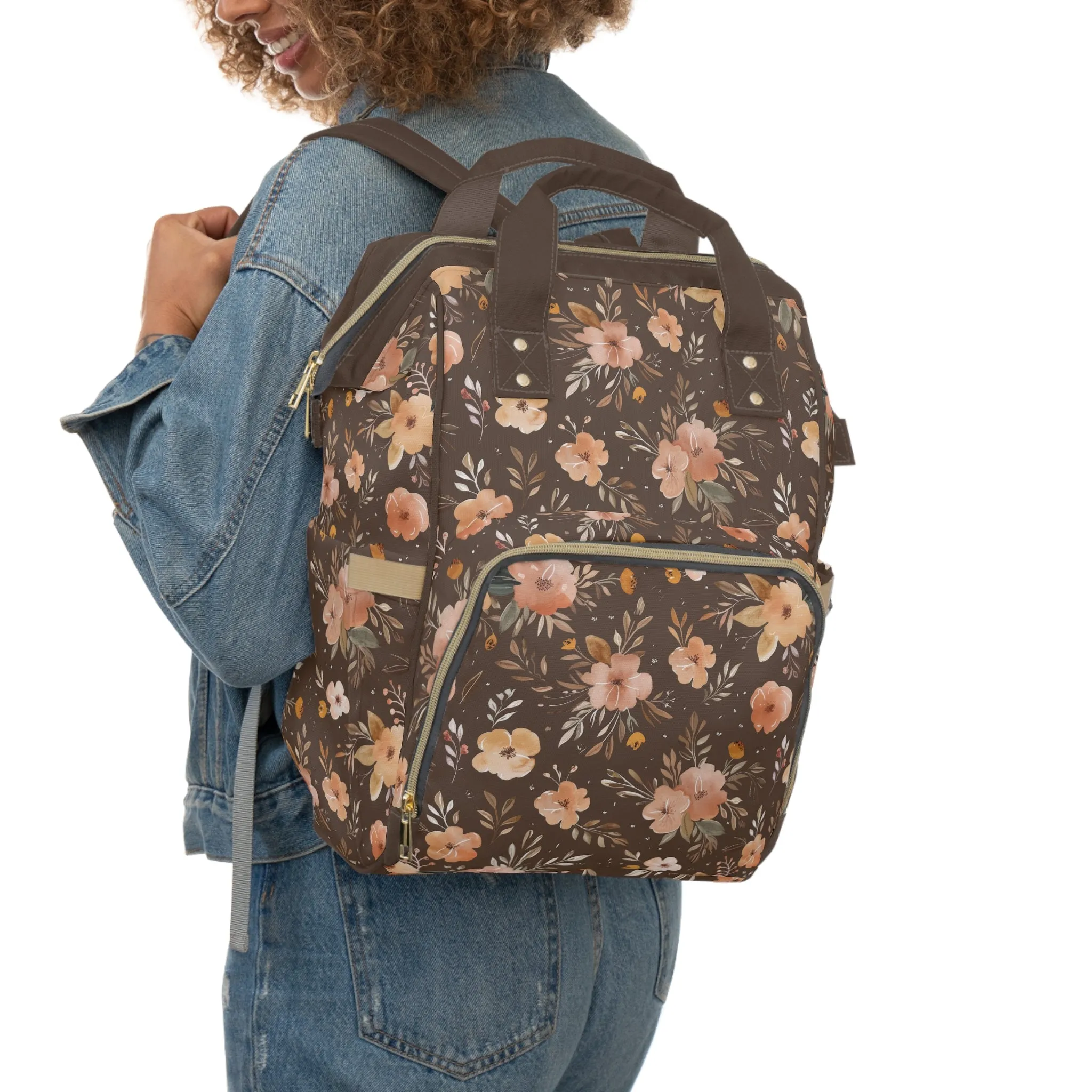 Autumn Elegance Watercolor Floral Pattern in Warm Earthly Tones  Multifunctional Diaper Backpack