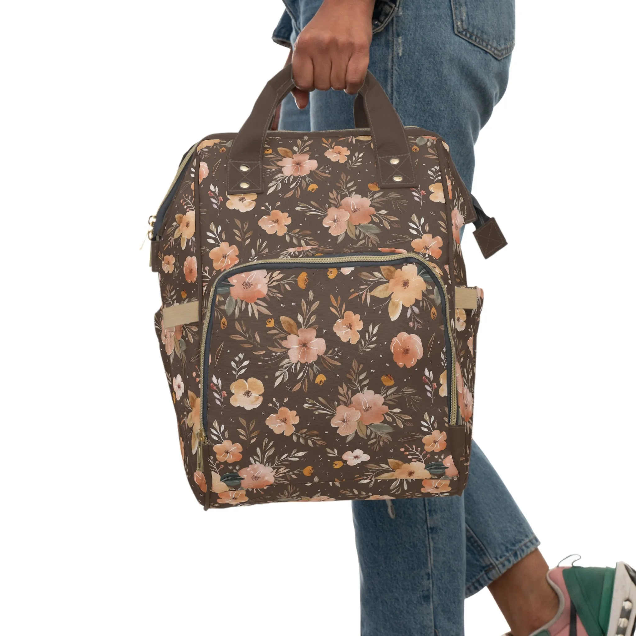 Autumn Elegance Watercolor Floral Pattern in Warm Earthly Tones  Multifunctional Diaper Backpack