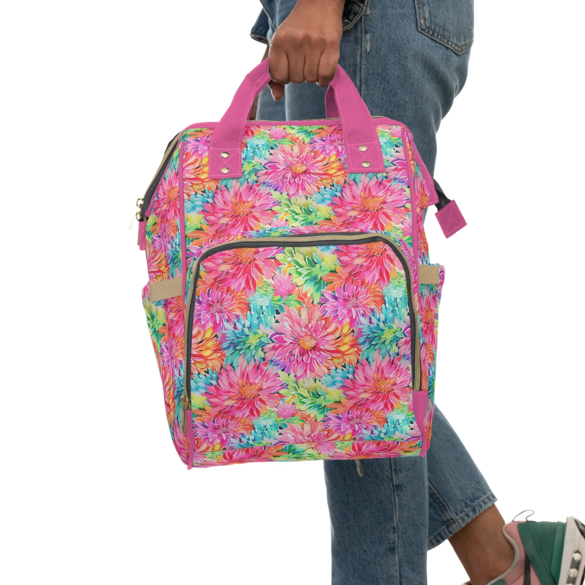 Blooming Spectrum: Large Vibrant Watercolor Flowers in Full Bloom Multifunctional Diaper Backpack