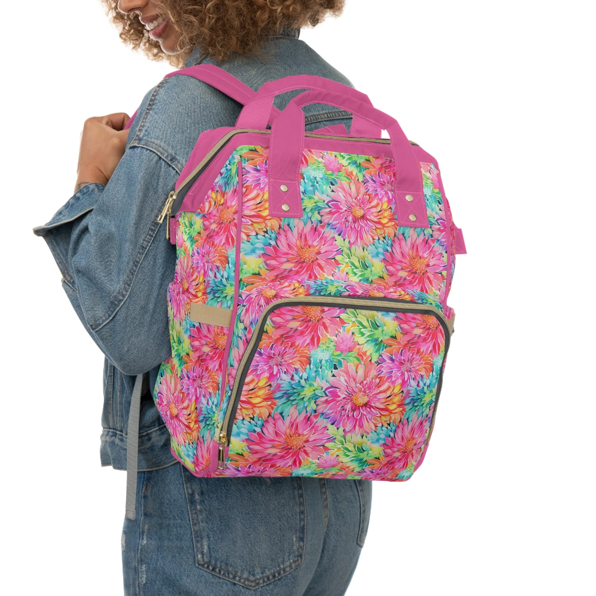 Blooming Spectrum: Large Vibrant Watercolor Flowers in Full Bloom Multifunctional Diaper Backpack