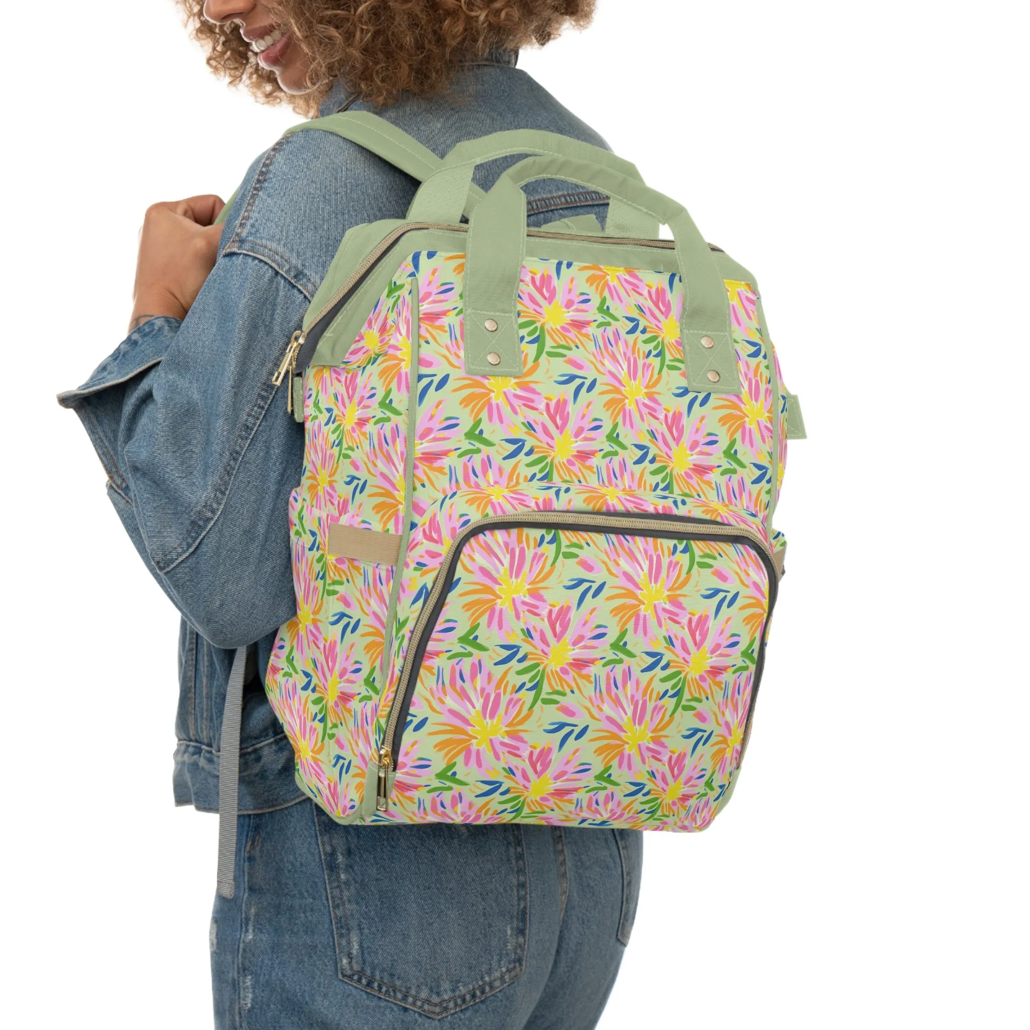 Blossoms in Bloom: Watercolor Pink and Yellow Flower Bursts Multifunctional Diaper Backpack
