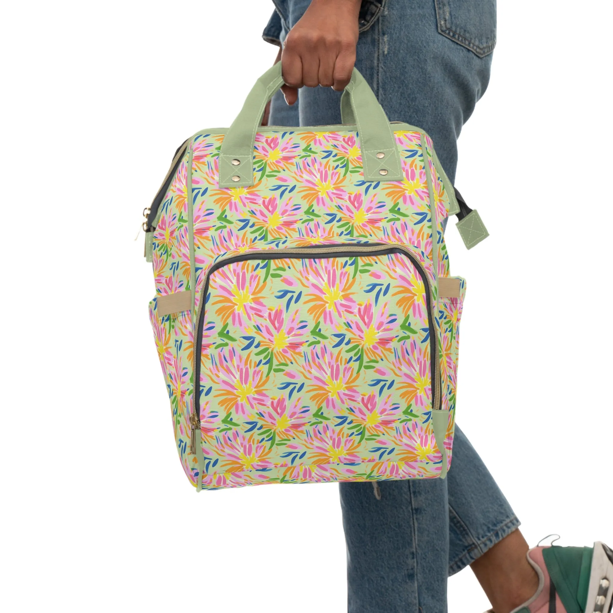 Blossoms in Bloom: Watercolor Pink and Yellow Flower Bursts Multifunctional Diaper Backpack