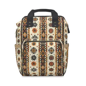 Bohemian Intricate Geometric and Floral Folk Design in Burnt Orange, Deep Brown, and Creamy Beige Multifunctional Diaper Backpack
