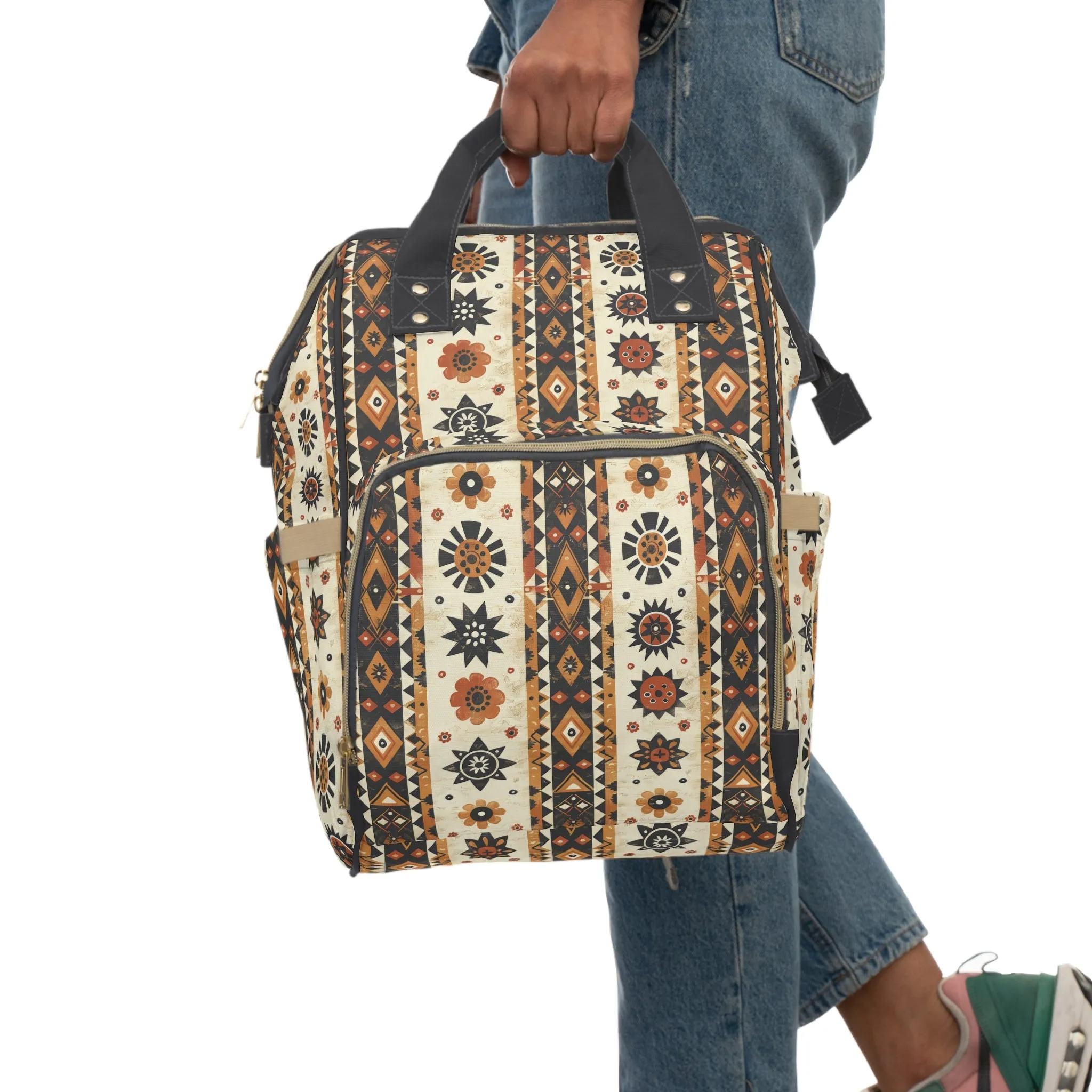 Bohemian Intricate Geometric and Floral Folk Design in Burnt Orange, Deep Brown, and Creamy Beige Multifunctional Diaper Backpack