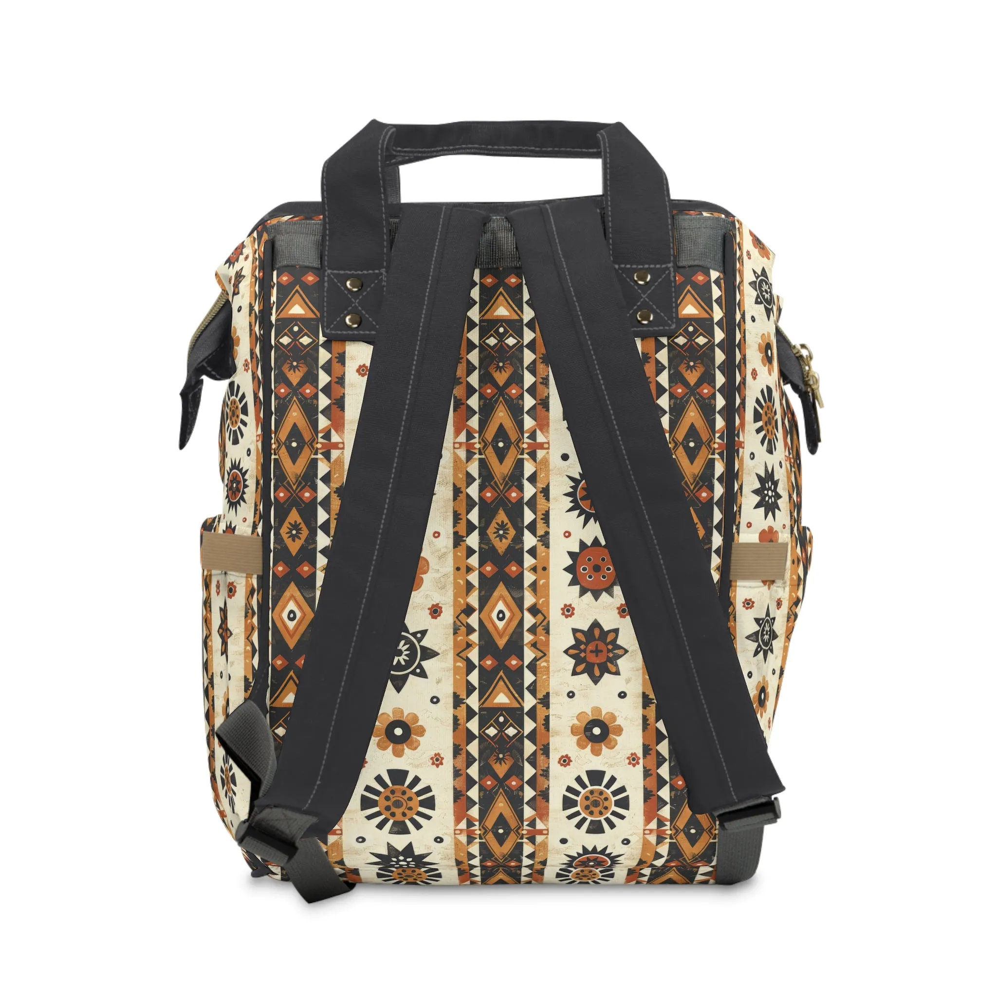 Bohemian Intricate Geometric and Floral Folk Design in Burnt Orange, Deep Brown, and Creamy Beige Multifunctional Diaper Backpack