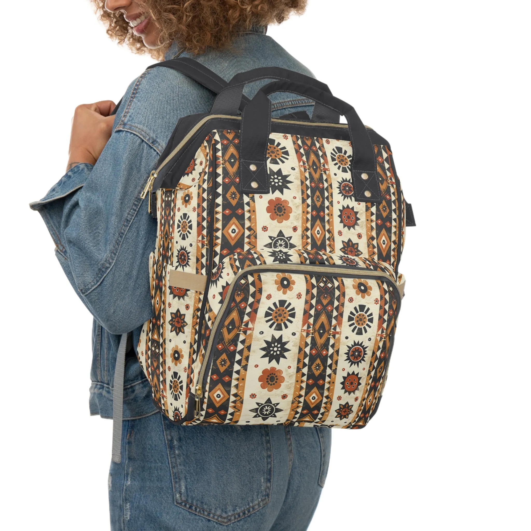 Bohemian Intricate Geometric and Floral Folk Design in Burnt Orange, Deep Brown, and Creamy Beige Multifunctional Diaper Backpack