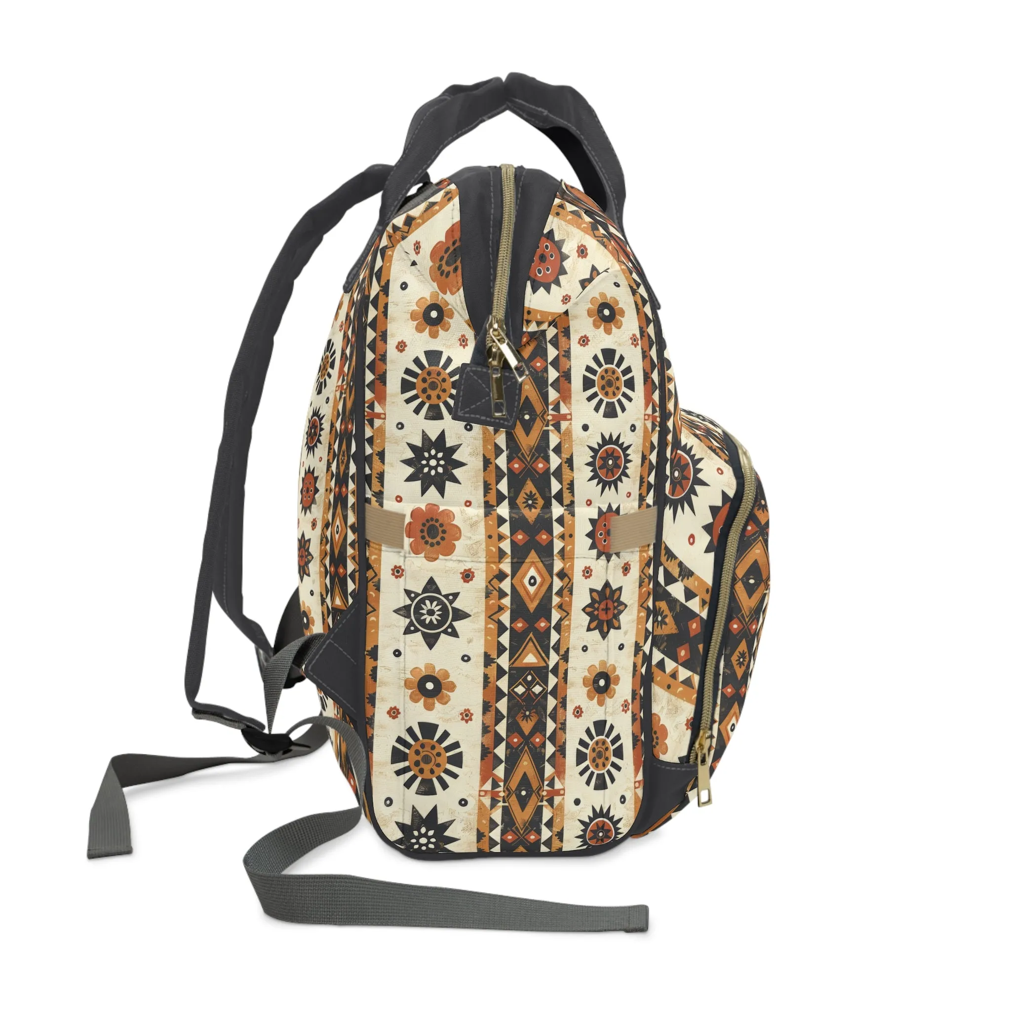 Bohemian Intricate Geometric and Floral Folk Design in Burnt Orange, Deep Brown, and Creamy Beige Multifunctional Diaper Backpack