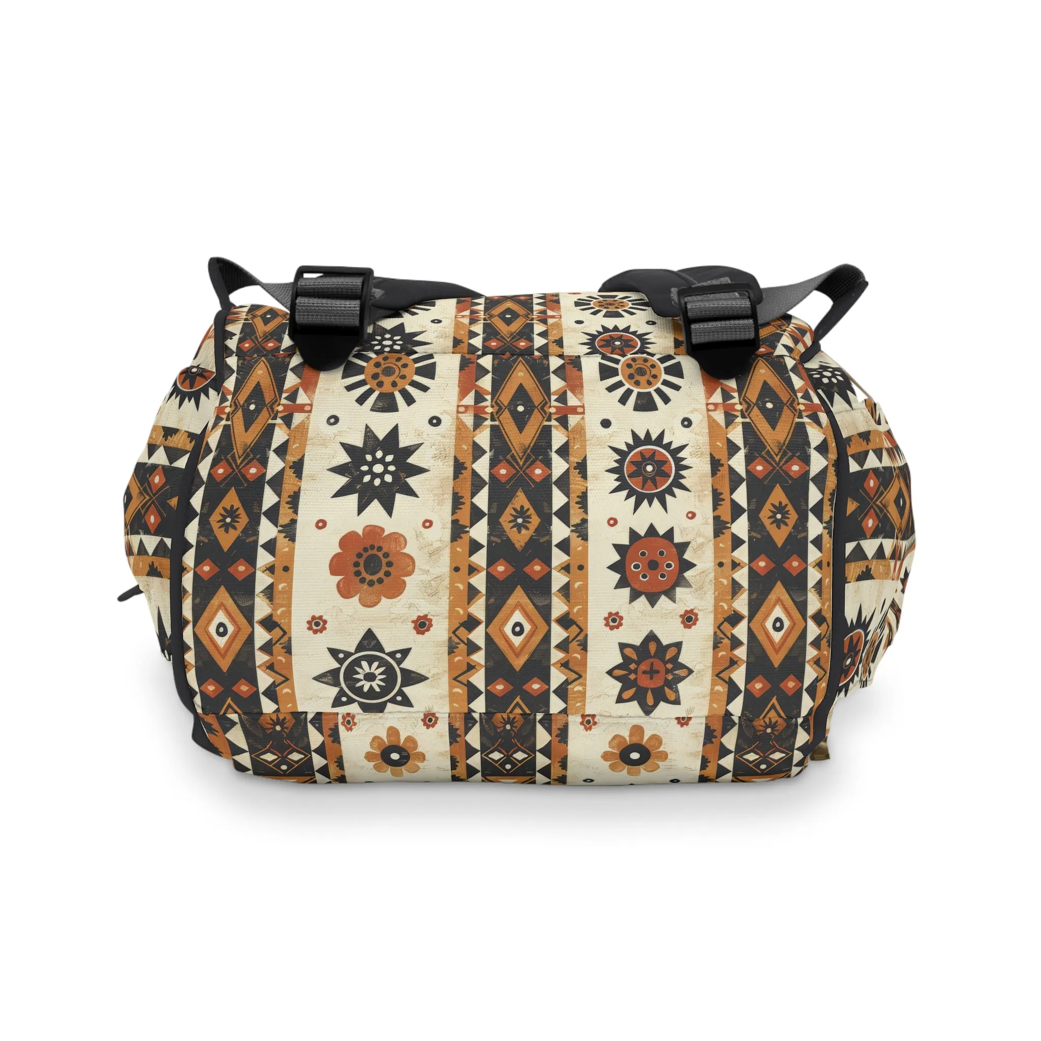 Bohemian Intricate Geometric and Floral Folk Design in Burnt Orange, Deep Brown, and Creamy Beige Multifunctional Diaper Backpack