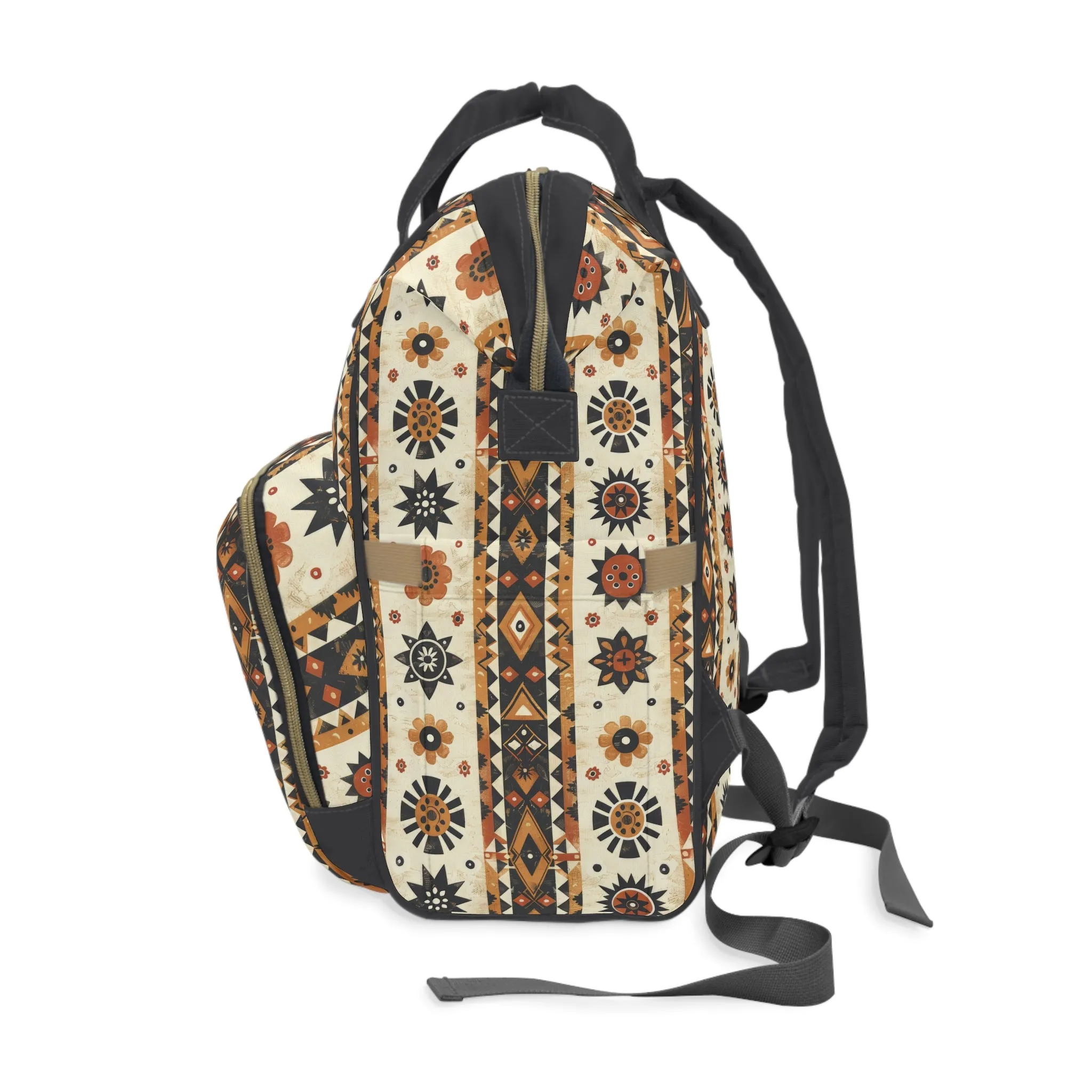 Bohemian Intricate Geometric and Floral Folk Design in Burnt Orange, Deep Brown, and Creamy Beige Multifunctional Diaper Backpack