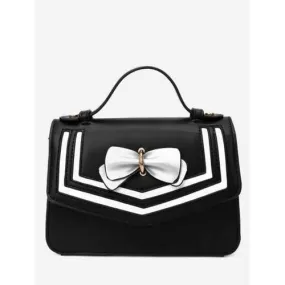 Bowknot Striped Chic Flapped Handbag - Black