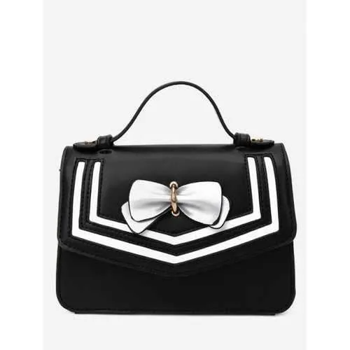 Bowknot Striped Chic Flapped Handbag - Black