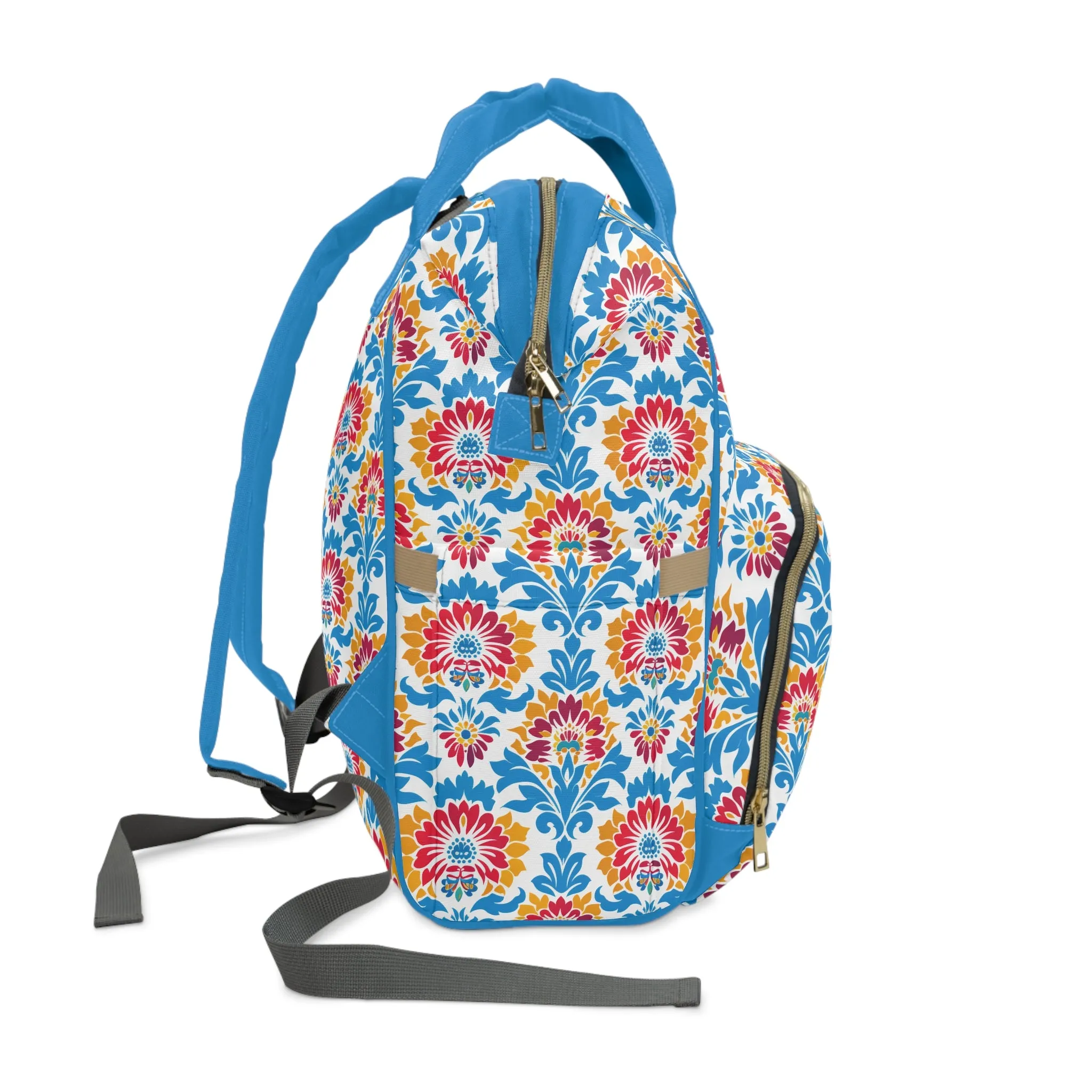 Bright Bouquet of Whimsy in Lively Hues of Red and Blue Flowers with Yellow Accents Multifunctional Diaper Backpack