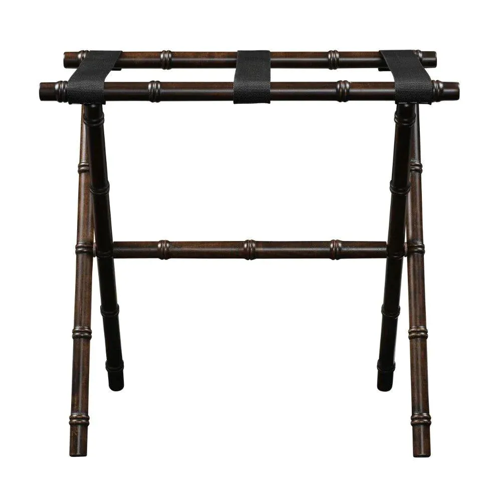 Dark Walnut Bamboo Inspired Wood Luggage Rack with 3 Black Nylon Straps