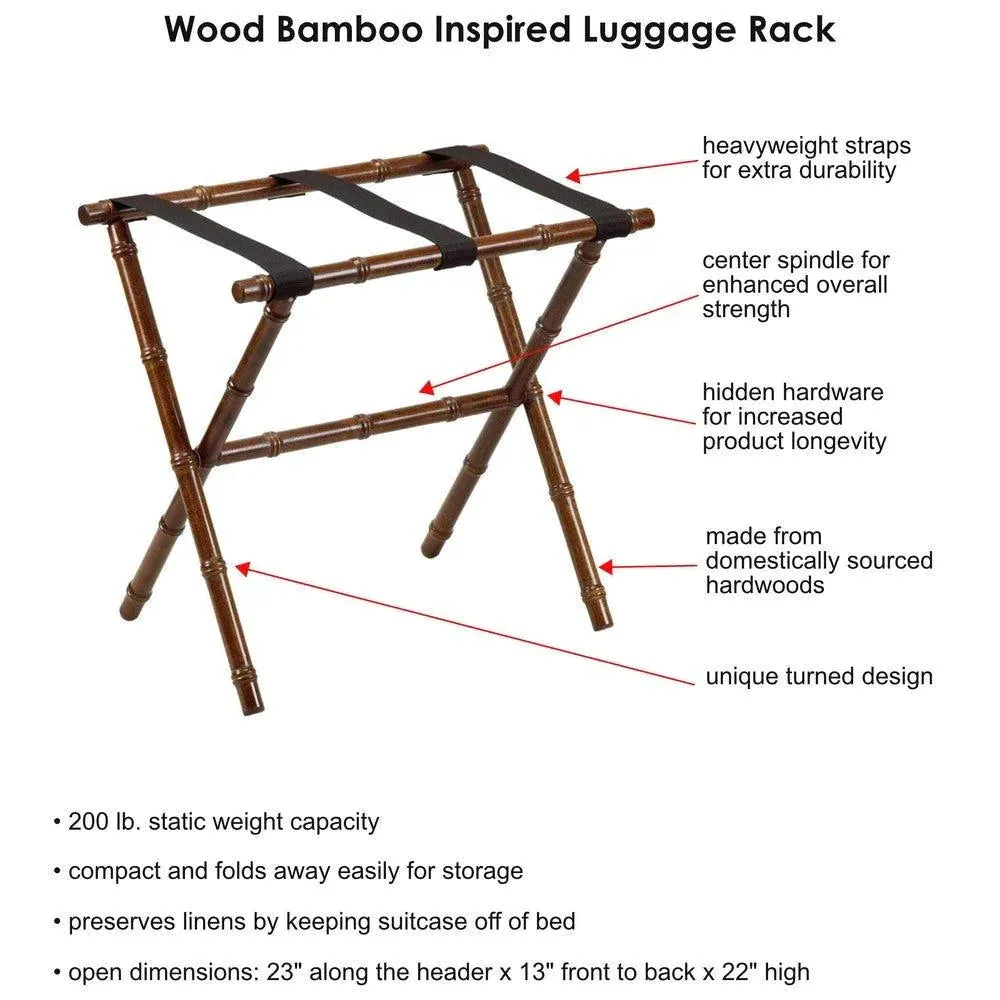 Dark Walnut Bamboo Inspired Wood Luggage Rack with 3 Black Nylon Straps