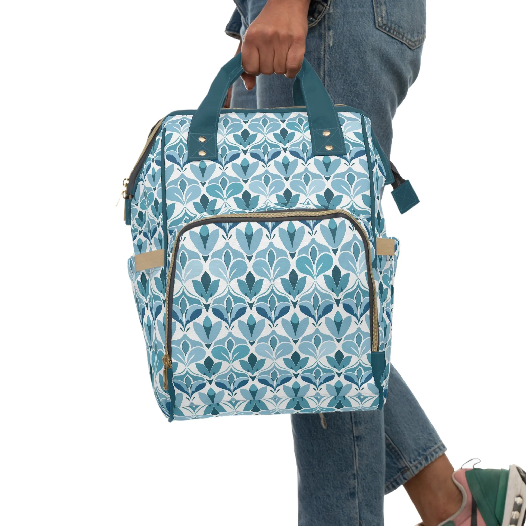 Elegant Floral Pattern in Shades of Aqua and Teal, Forming Graceful Botanical Motifs Multifunctional Diaper Backpack