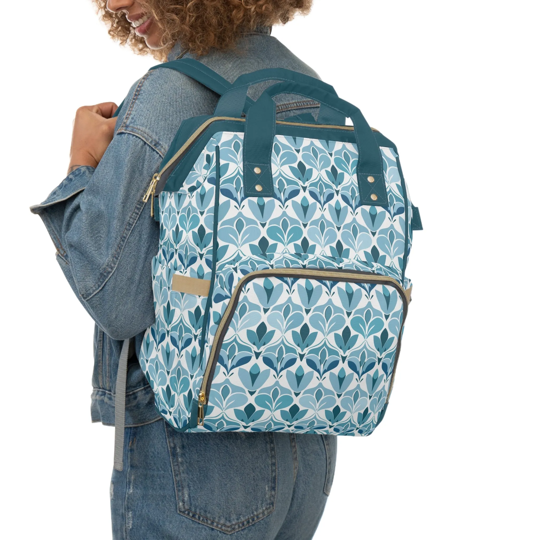 Elegant Floral Pattern in Shades of Aqua and Teal, Forming Graceful Botanical Motifs Multifunctional Diaper Backpack