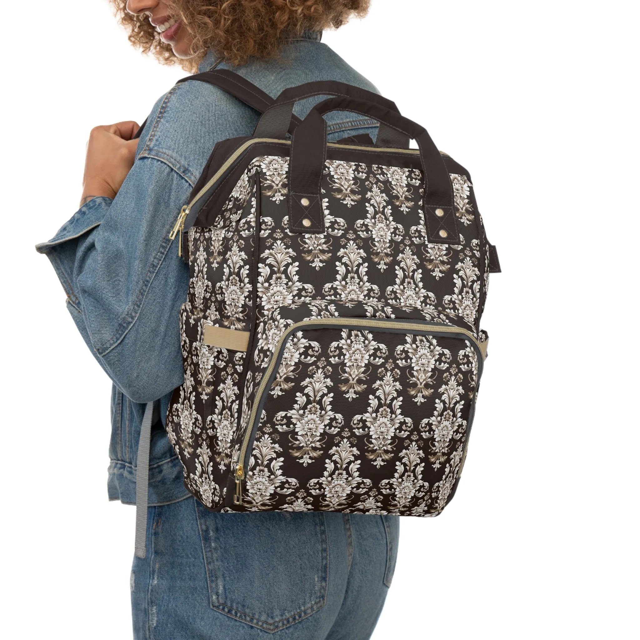 Elegant Rococo Pattern of Intricate Brown and White Floral Scroll Design Multifunctional Diaper Backpack