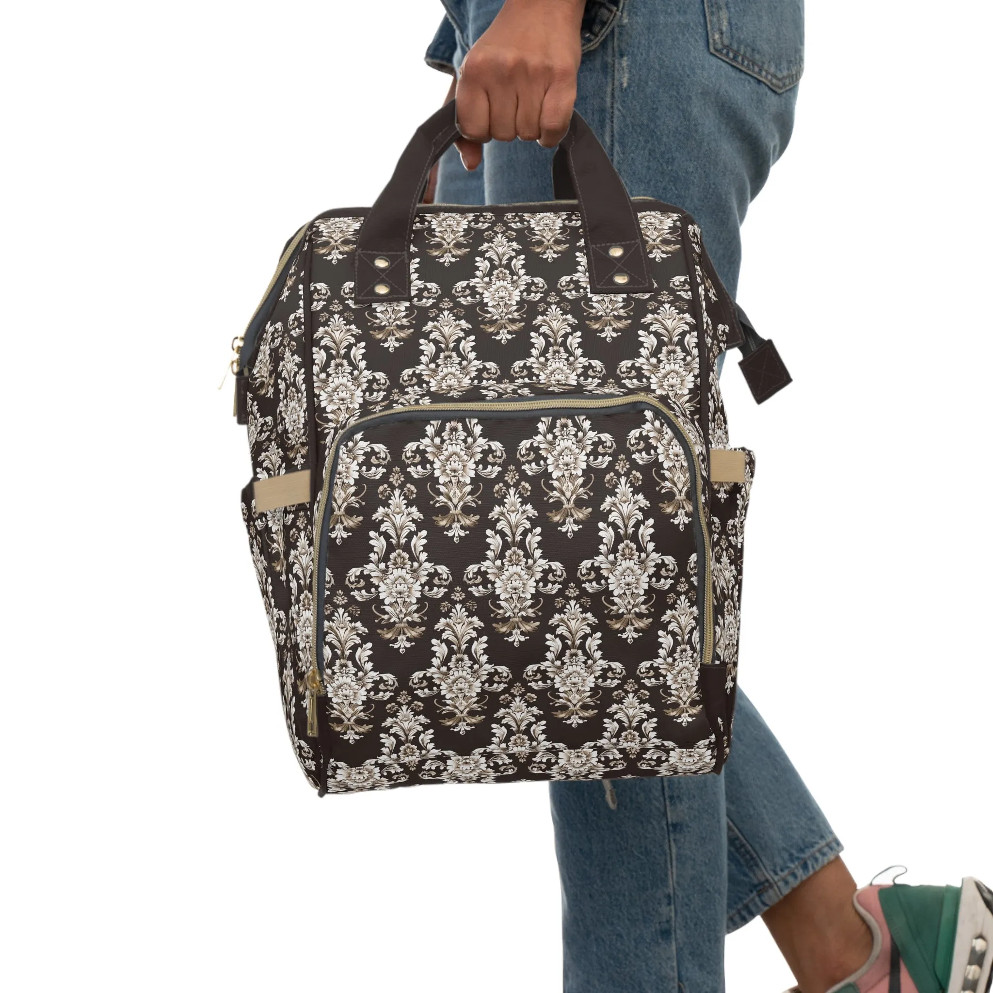 Elegant Rococo Pattern of Intricate Brown and White Floral Scroll Design Multifunctional Diaper Backpack