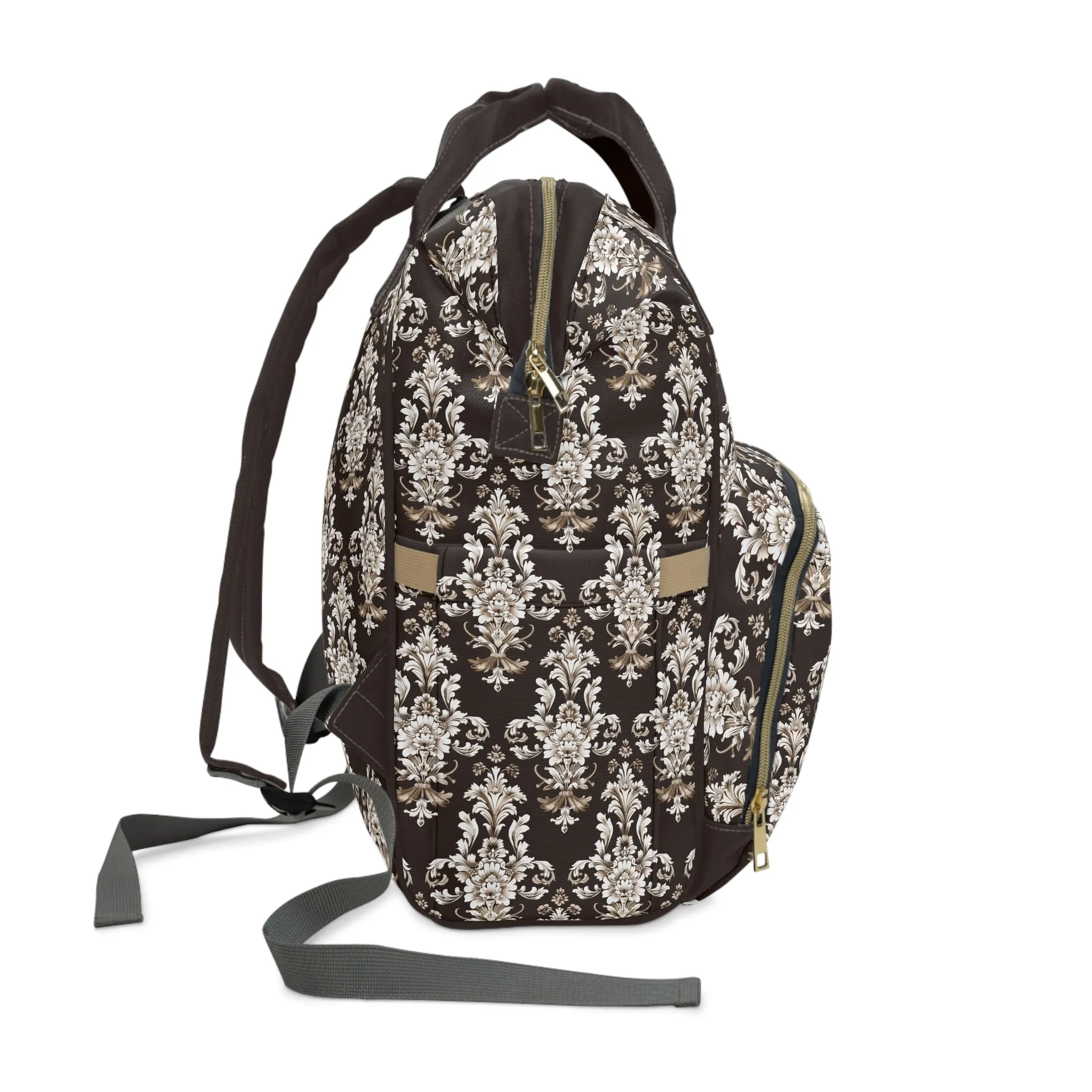 Elegant Rococo Pattern of Intricate Brown and White Floral Scroll Design Multifunctional Diaper Backpack