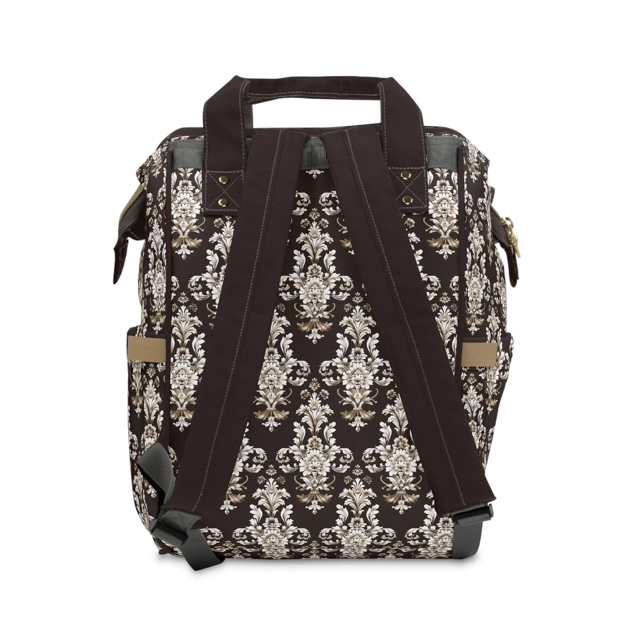 Elegant Rococo Pattern of Intricate Brown and White Floral Scroll Design Multifunctional Diaper Backpack