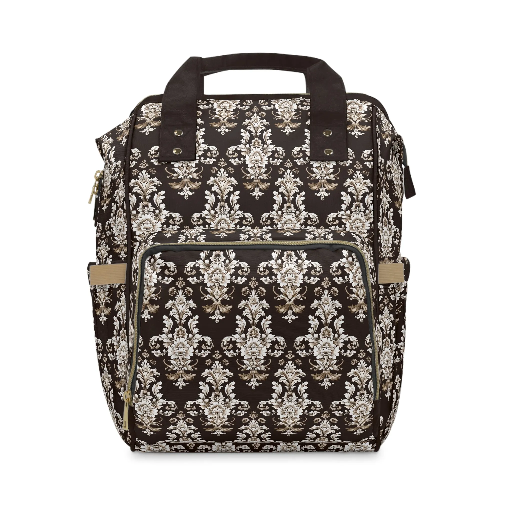 Elegant Rococo Pattern of Intricate Brown and White Floral Scroll Design Multifunctional Diaper Backpack