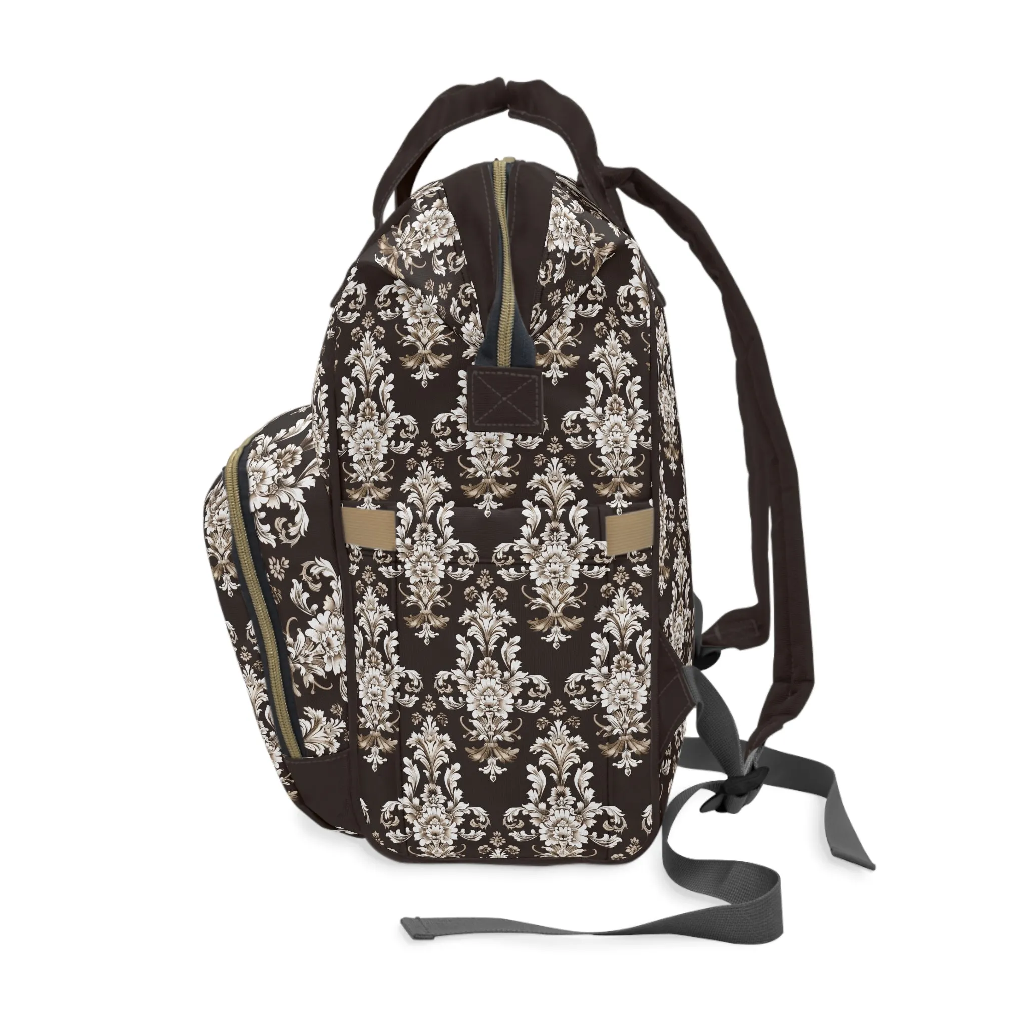 Elegant Rococo Pattern of Intricate Brown and White Floral Scroll Design Multifunctional Diaper Backpack