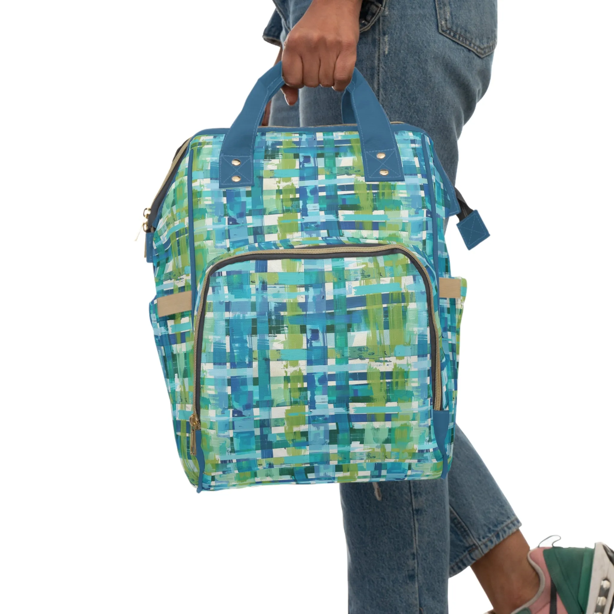 Enchanted Lagoon: Vibrant Green and Blue Abstract Plaid Multifunctional Diaper Backpack
