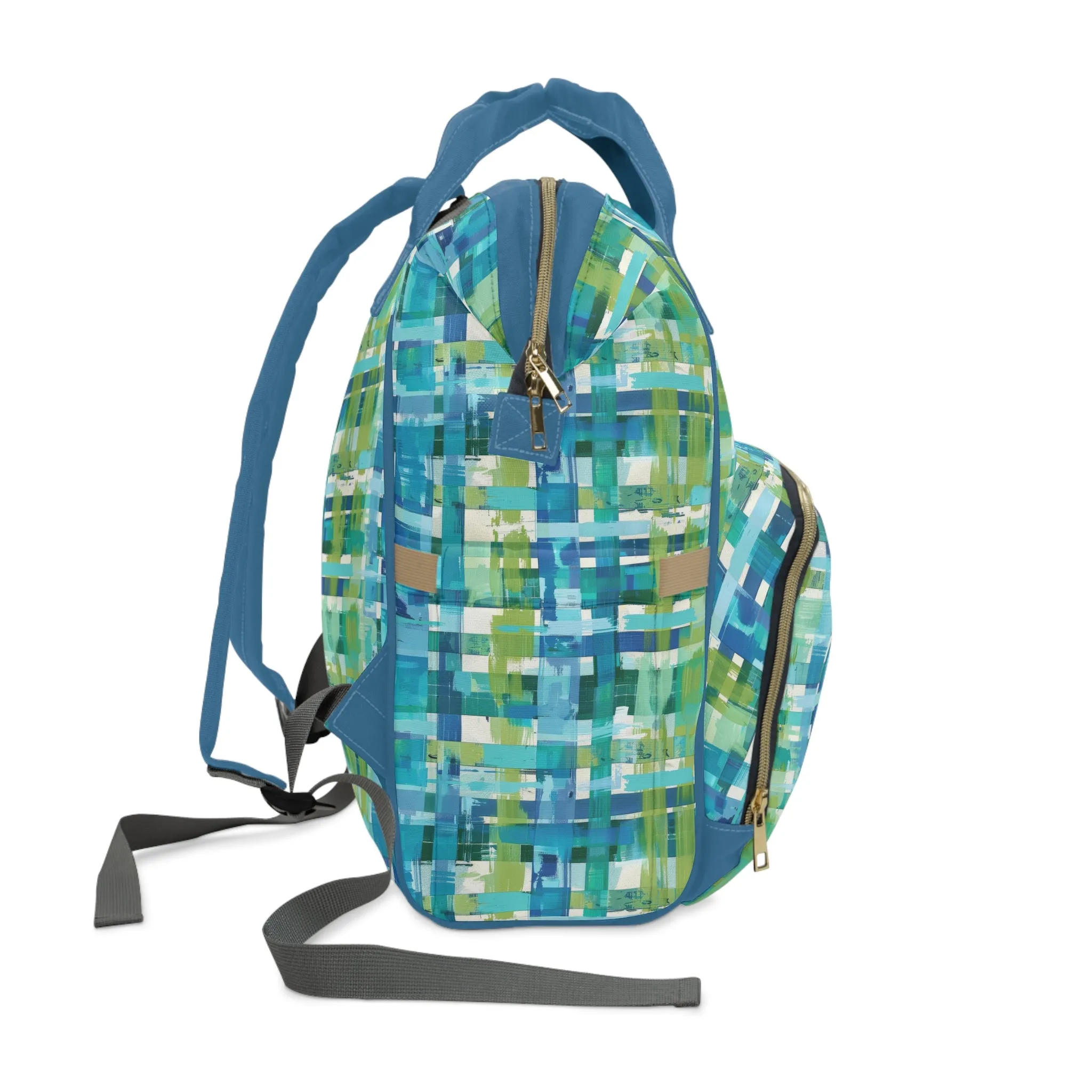 Enchanted Lagoon: Vibrant Green and Blue Abstract Plaid Multifunctional Diaper Backpack