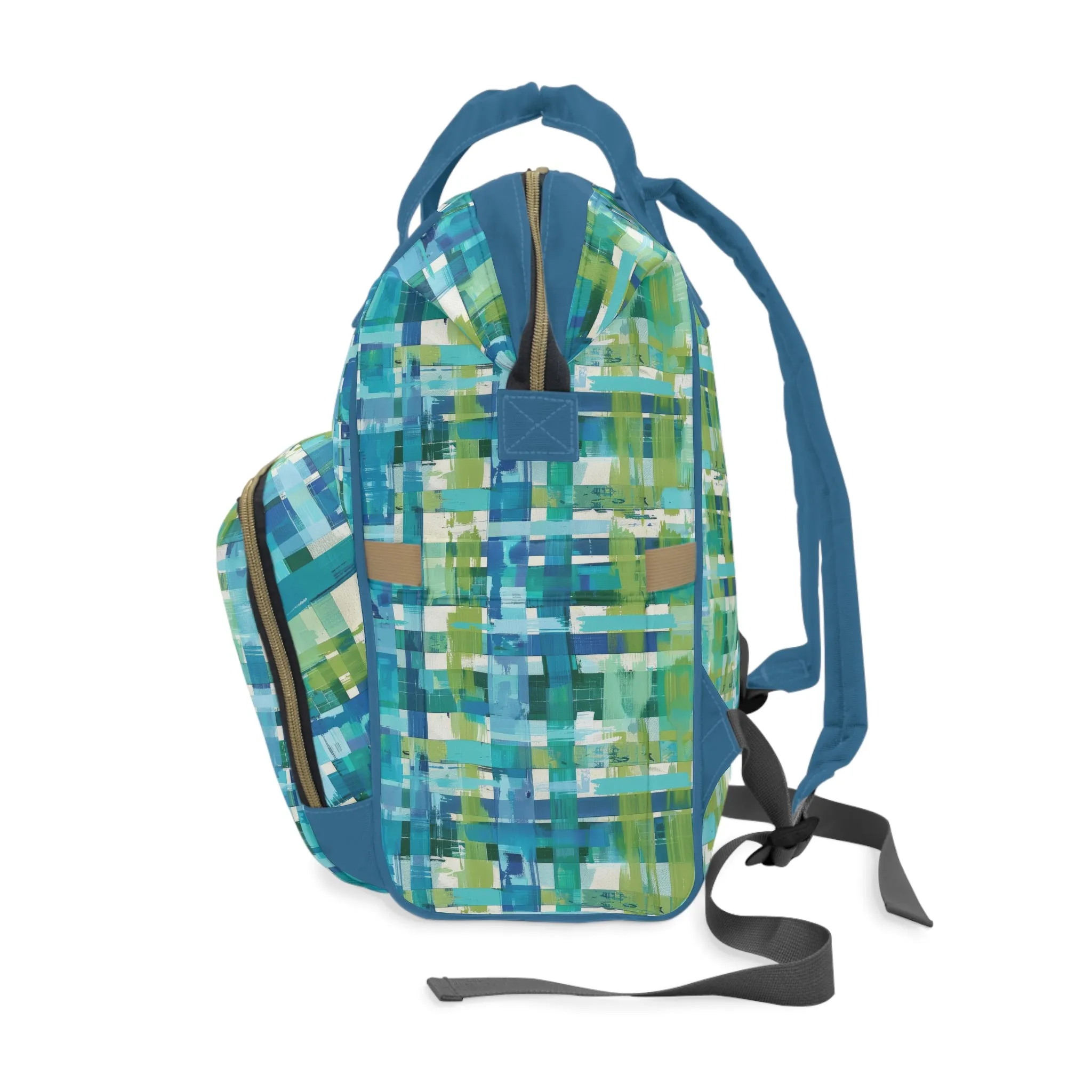 Enchanted Lagoon: Vibrant Green and Blue Abstract Plaid Multifunctional Diaper Backpack
