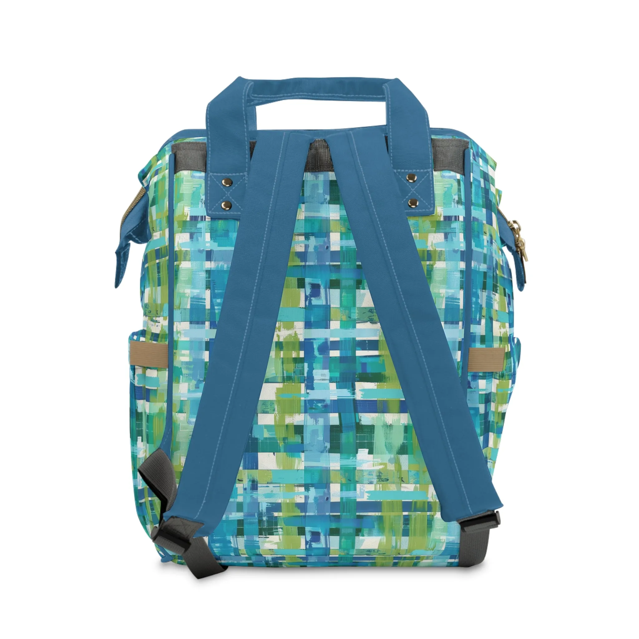 Enchanted Lagoon: Vibrant Green and Blue Abstract Plaid Multifunctional Diaper Backpack