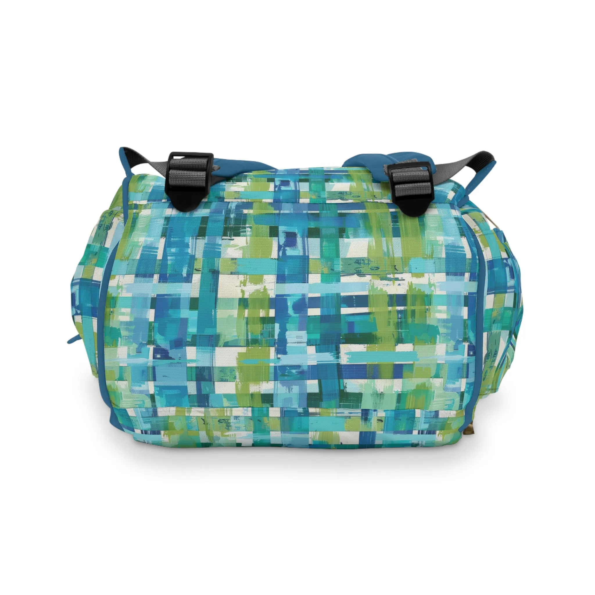 Enchanted Lagoon: Vibrant Green and Blue Abstract Plaid Multifunctional Diaper Backpack