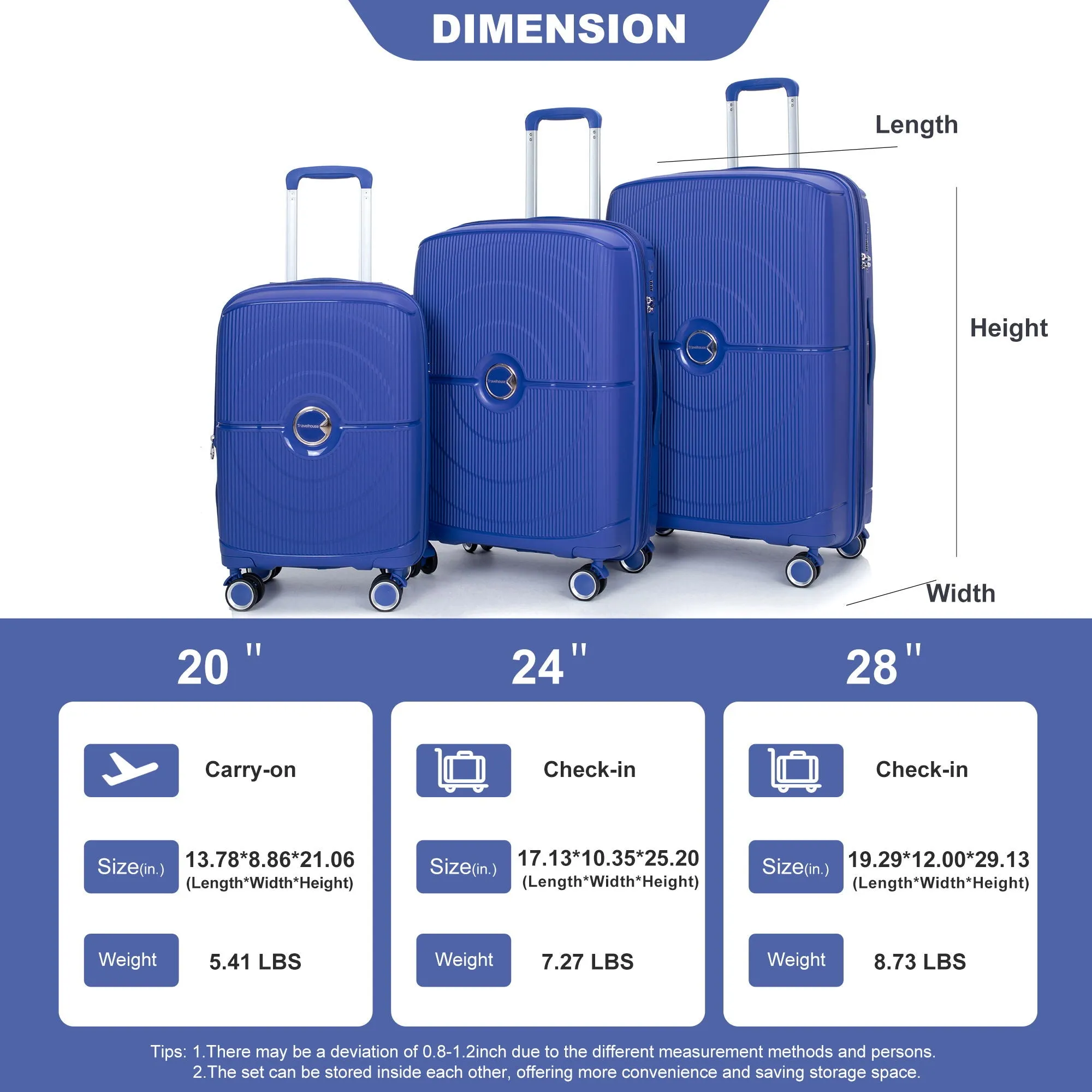 Expandable Hardshell Suitcase Double Spinner Wheels Pp Luggage Sets Lightweight Durable Suitcase With Tsa Lock, 3 Piece Set - Navy