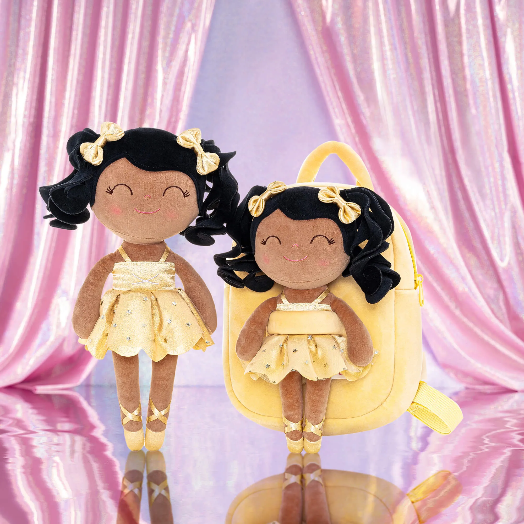 Gloveleya 9-inch Toddler Backpack Plush Curly Ballet Girl Dolls Backpack Tanned Gold Ballet Dream