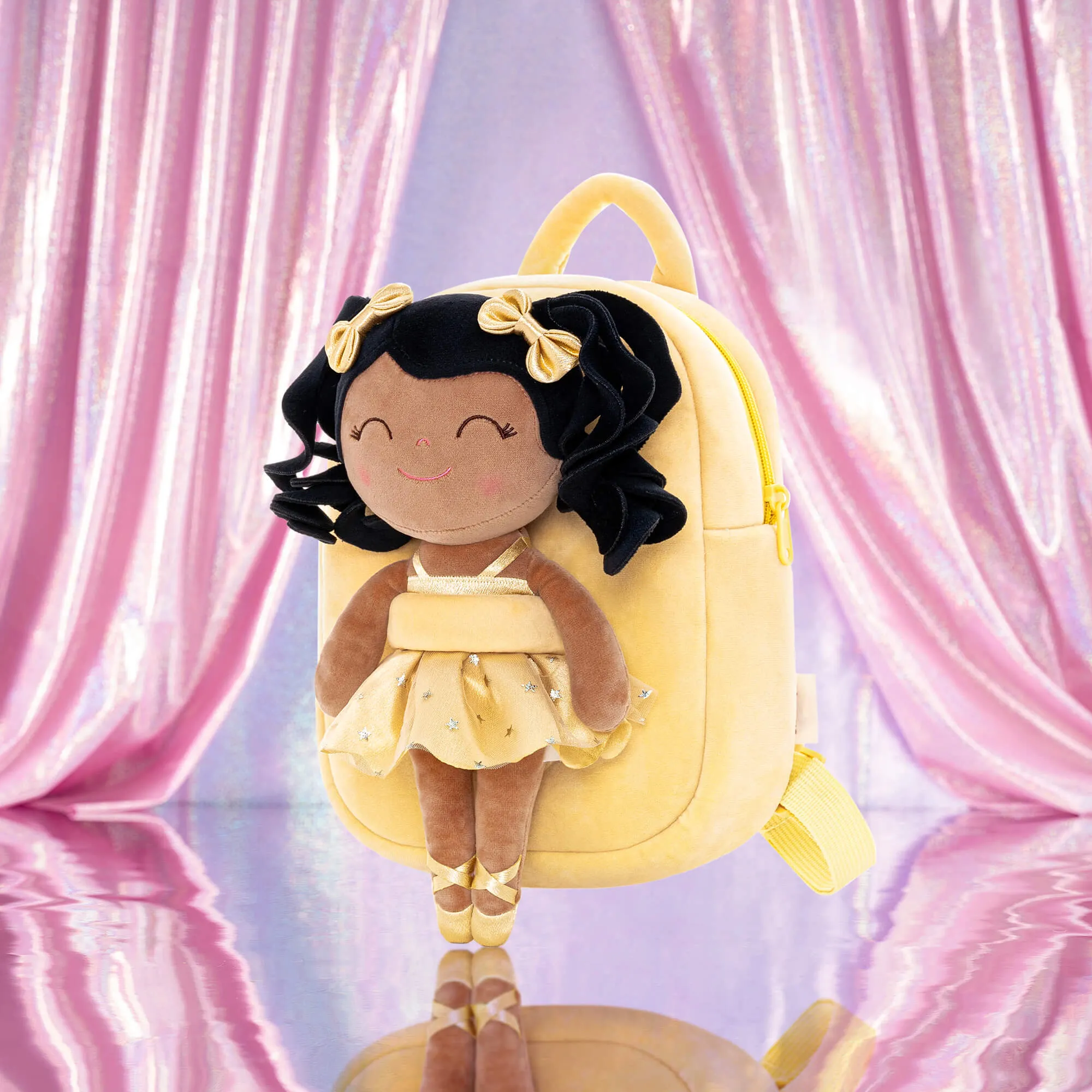 Gloveleya 9-inch Toddler Backpack Plush Curly Ballet Girl Dolls Backpack Tanned Gold Ballet Dream
