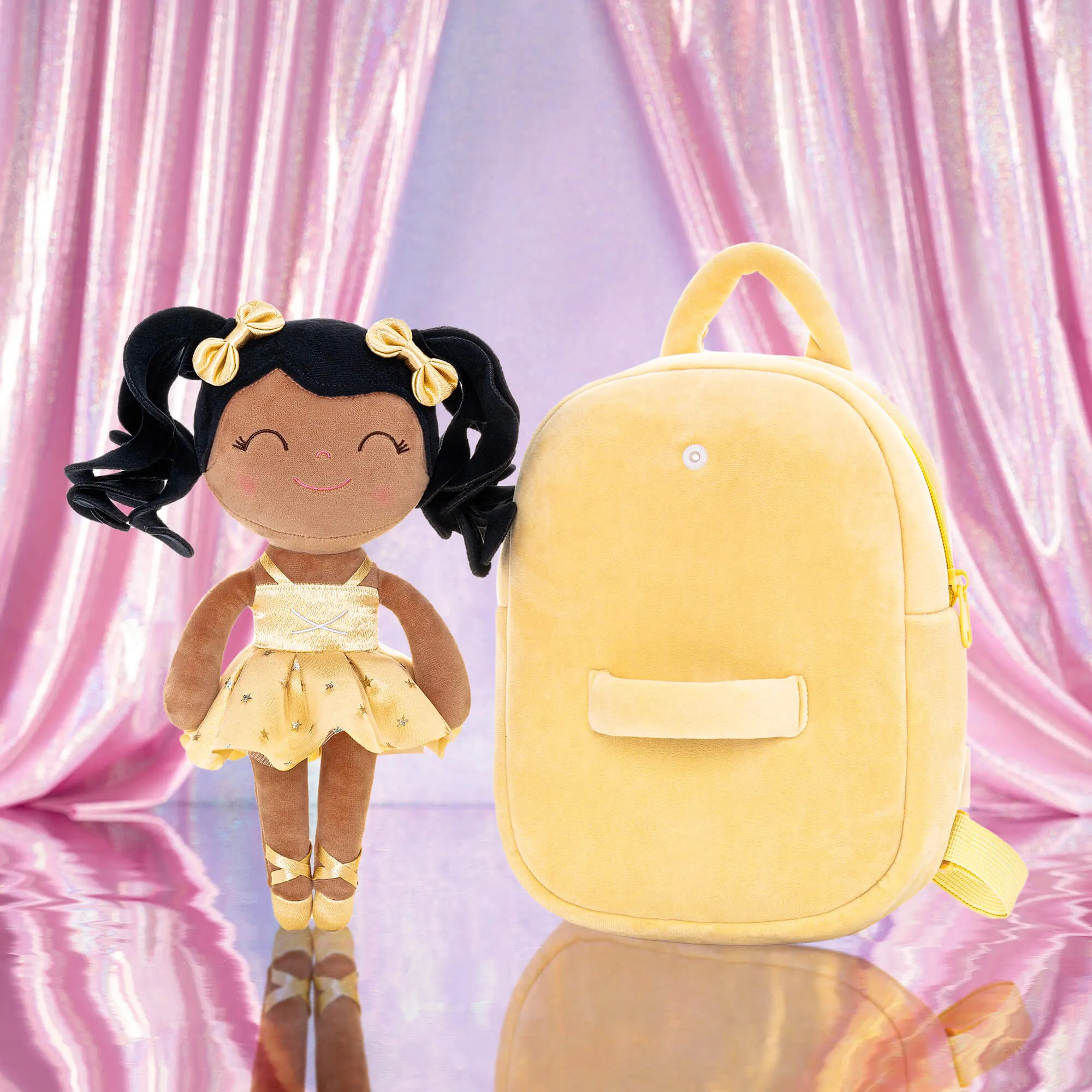 Gloveleya 9-inch Toddler Backpack Plush Curly Ballet Girl Dolls Backpack Tanned Gold Ballet Dream