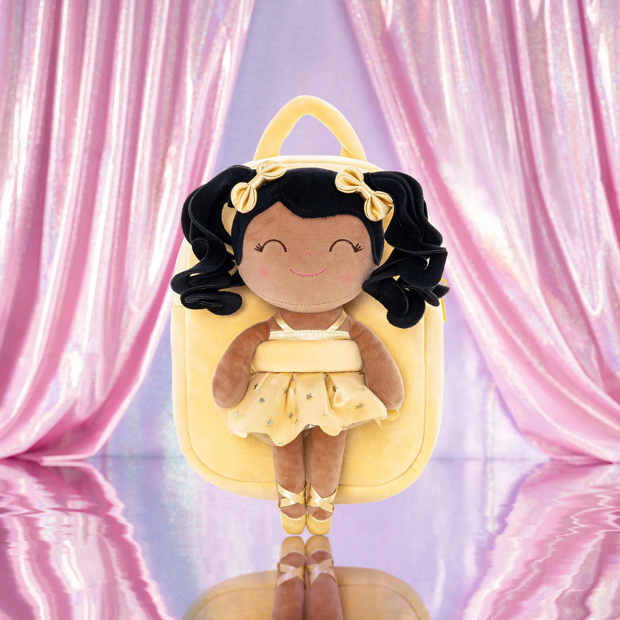 Gloveleya 9-inch Toddler Backpack Plush Curly Ballet Girl Dolls Backpack Tanned Gold Ballet Dream