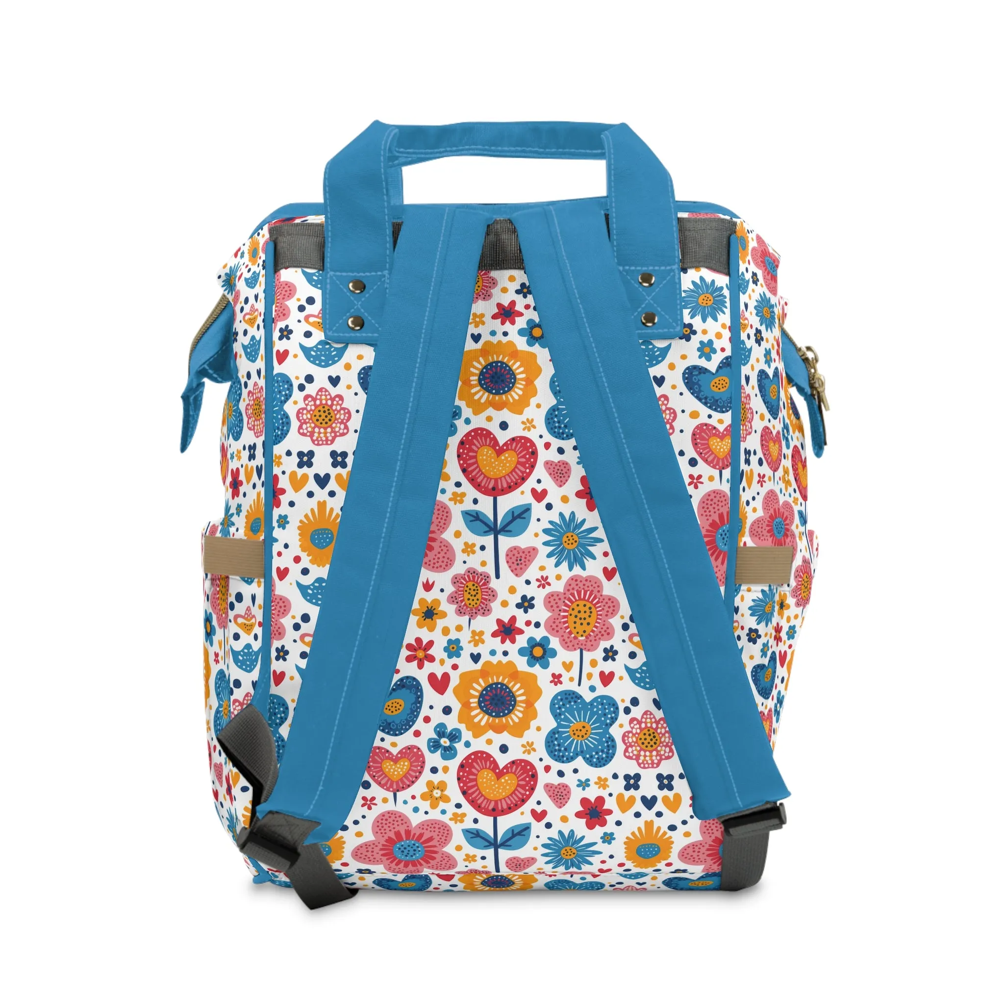 Joyful Blooms: Whimsical Spring Flowers and Hearts in Vibrant Colors with Blue Handle Multifunctional Diaper Backpack