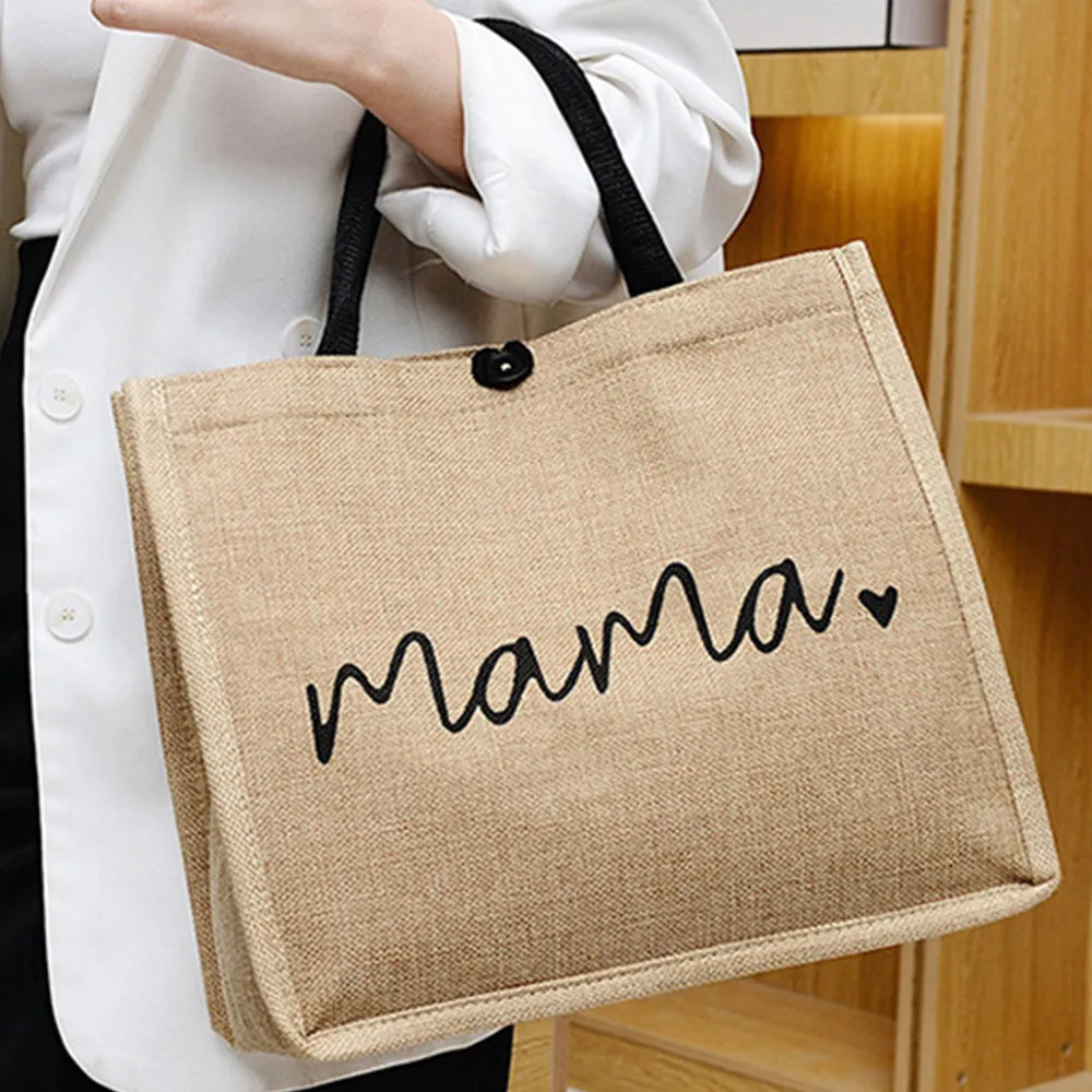 Jute Tote Bag with Handle Reusable Handbags Burlap Tote Mama Bag Style 1