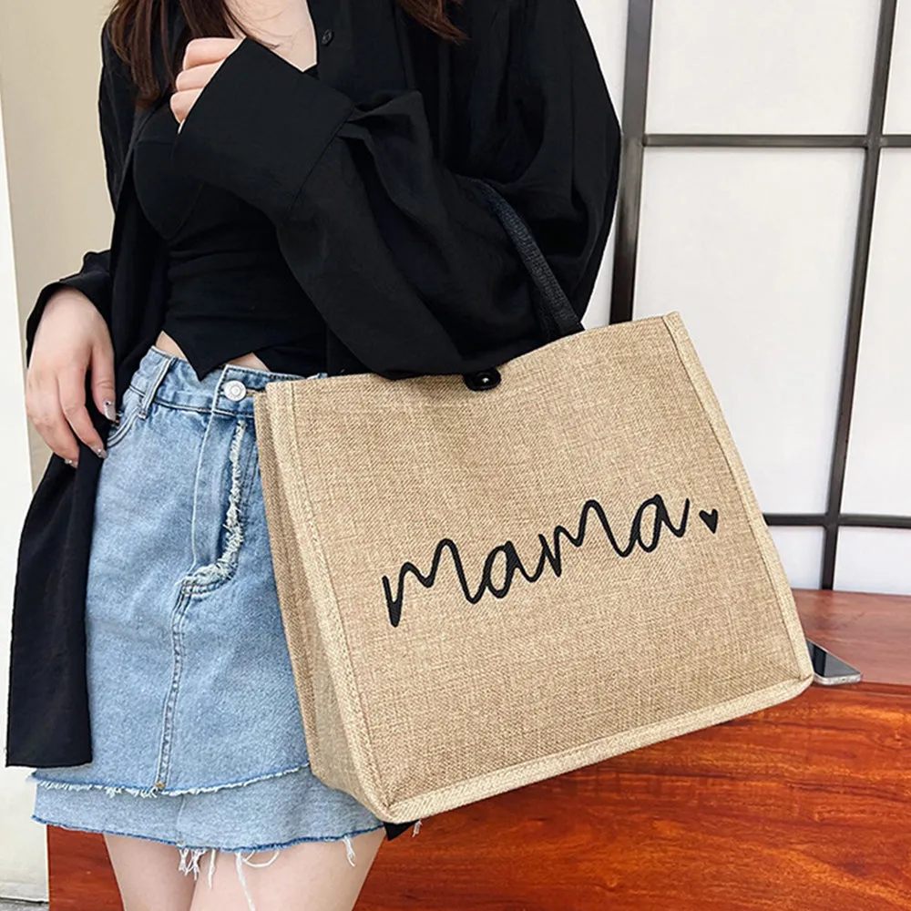 Jute Tote Bag with Handle Reusable Handbags Burlap Tote Mama Bag Style 1