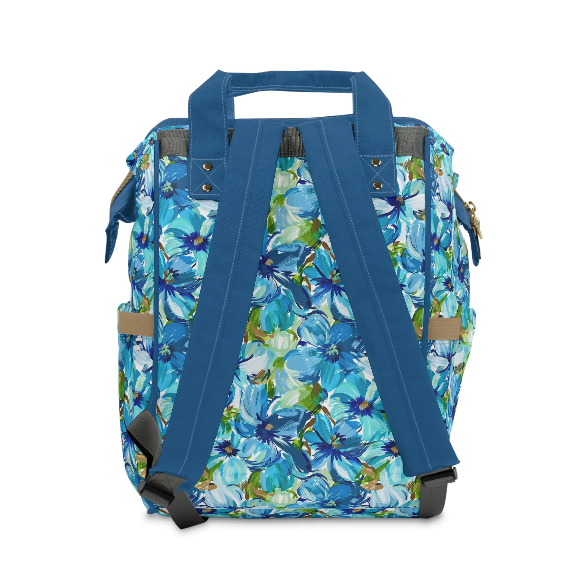 Large Blue Watercolor Flowers with Gentle Accents of Brown and Green Multifunctional Diaper Backpack