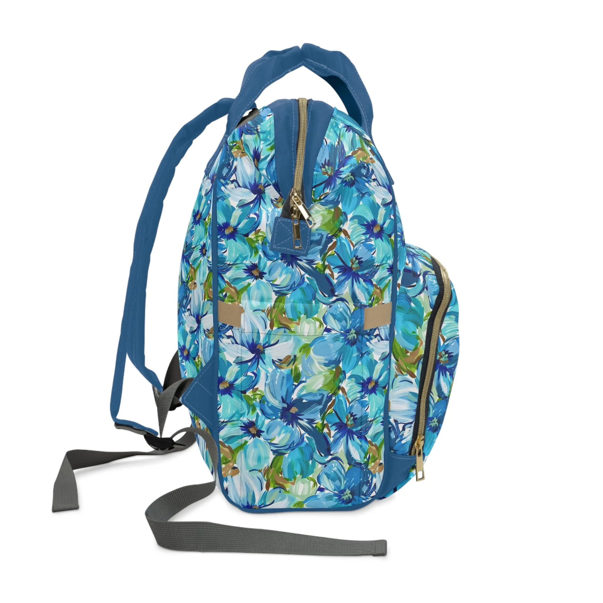 Large Blue Watercolor Flowers with Gentle Accents of Brown and Green Multifunctional Diaper Backpack