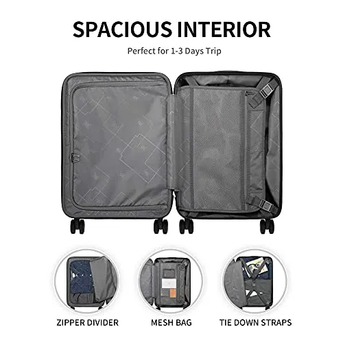LEVEL8 Grace Carry On Luggage, 20” Hardside Suitcase, ABS PC Harshell Spinner Luggage with TSA Lock, Spinner Wheels - Black, 20-Inch Carry-On
