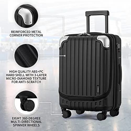 LEVEL8 Grace Carry On Luggage, 20” Hardside Suitcase, ABS PC Harshell Spinner Luggage with TSA Lock, Spinner Wheels - Black, 20-Inch Carry-On