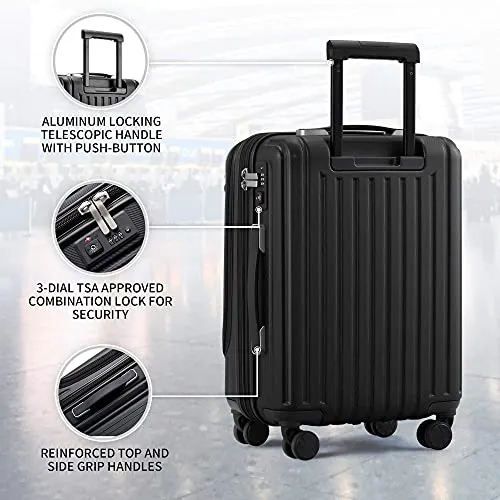 LEVEL8 Grace Carry On Luggage, 20” Hardside Suitcase, ABS PC Harshell Spinner Luggage with TSA Lock, Spinner Wheels - Black, 20-Inch Carry-On
