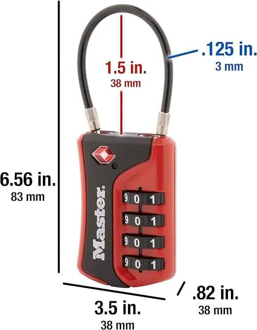 Master Lock Padlock, Set Your Own Combination TSA Accepted Cable Luggage Lock, 1-3/8 in. Wide