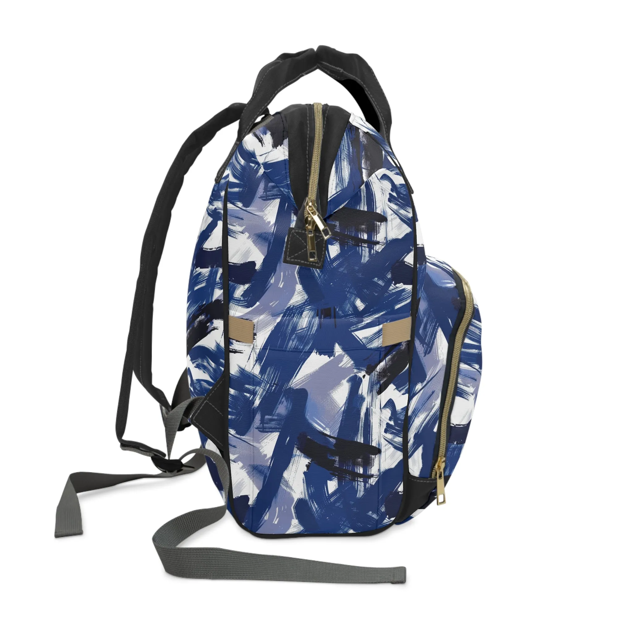 Midnight Frenzy Bold Abstract Brush Strokes in Shades of Deep Blue and White Multifunctional Diaper Backpack